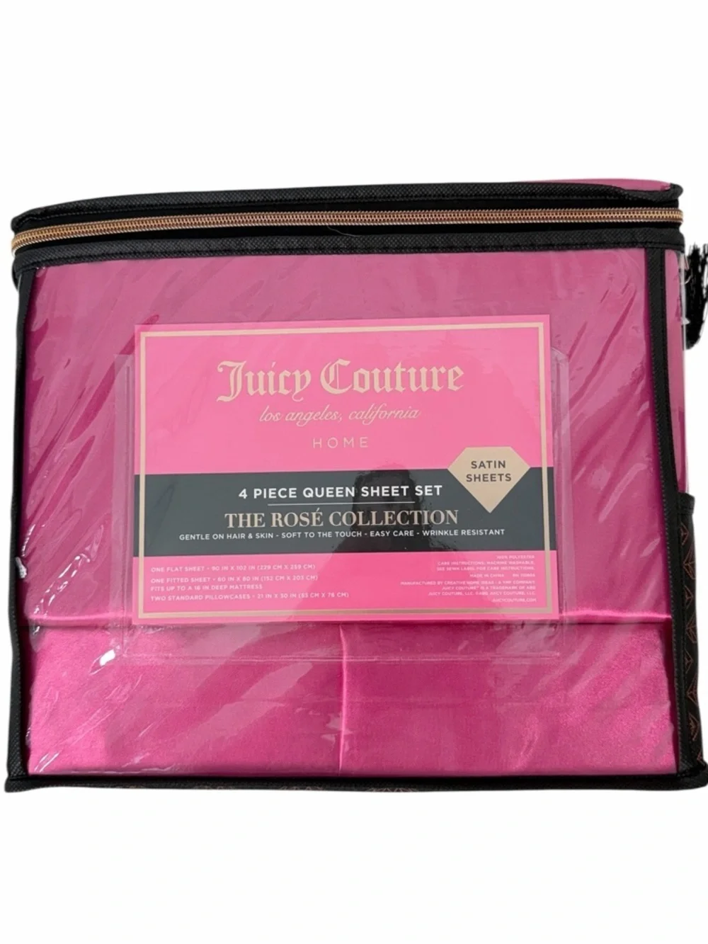 Juicy Couture Queen Satin Sheet Set Rose Collection Hot Pink 4 Piece Bedding Set